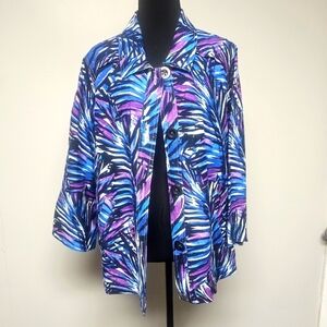 Purple Amethyst Turquoise Blue Palm Leaf Tropical Linen Blend Jacket Art To Wear